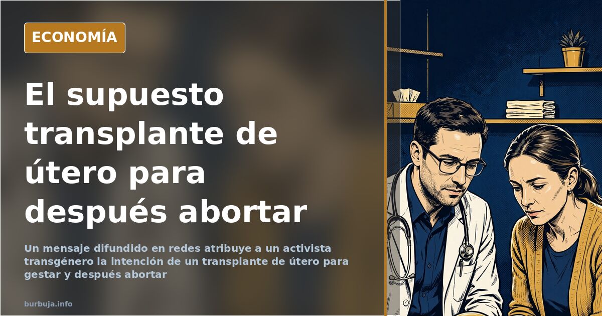 Ilustración de un quirófano con instrumental de transplante de útero y gráficos médicos sobre fondo azul marino y dorado
