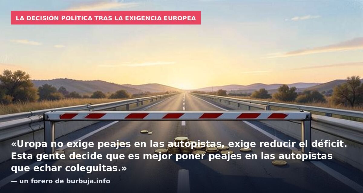 La decisión política tras la exigencia europea: «Uropa no exige peajes en las autopistas, exige reducir el déficit. Esta gente decide que es mejor poner peajes en las autopistas que echar coleguitas.» — un forero de burbuja.info