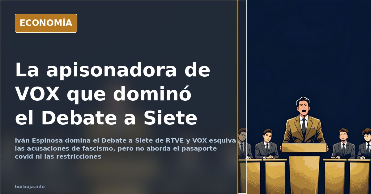 Plató del Debate a Siete de RTVE con siete atriles bajo focos azul marino y un portavoz de traje en primer plano