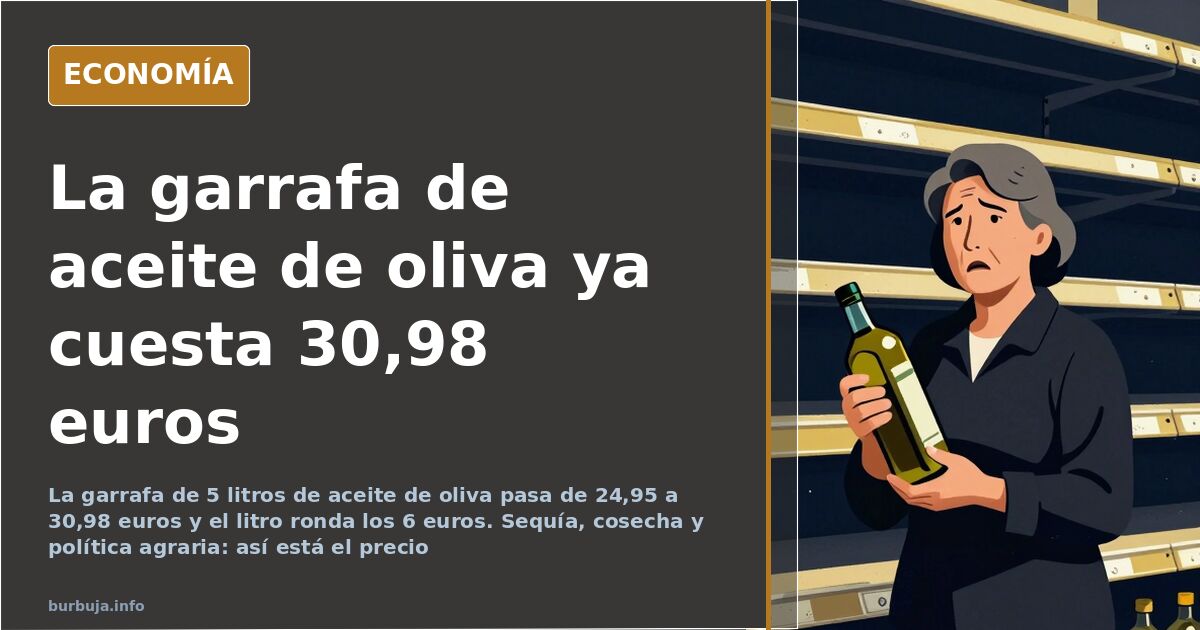 Garrafas y botellas de aceite de oliva en el lineal de un supermercado con etiquetas de precio visibles