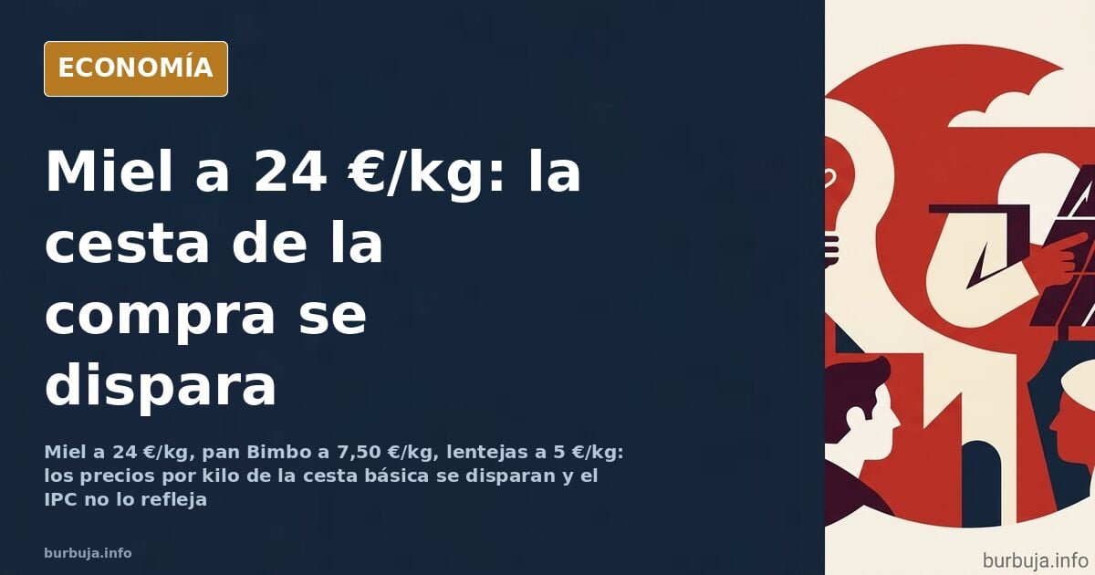 Etiquetas de precio por kilo de miel, pan de molde y lentejas en un supermercado español