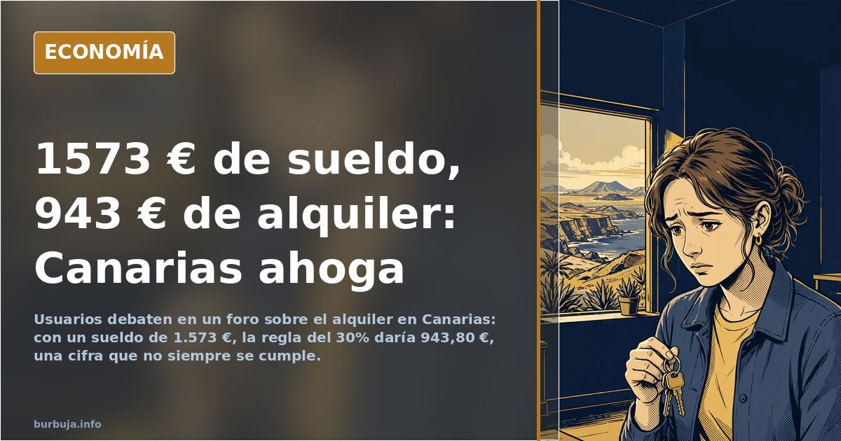 Ilustración editorial de un edificio de apartamentos canario con cartel de se alquila y una nómina de 1573 euros sobre fondo 