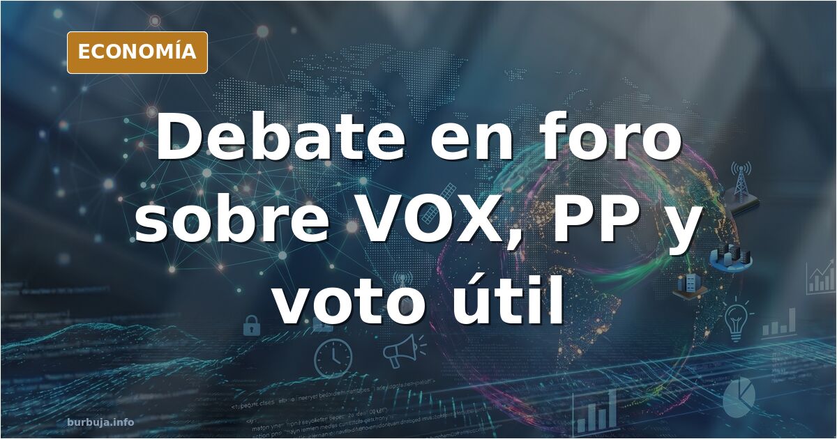 Ilustración editorial de una urna electoral rodeada de flechas divergentes que representan la fractura del voto entre VOX y e
