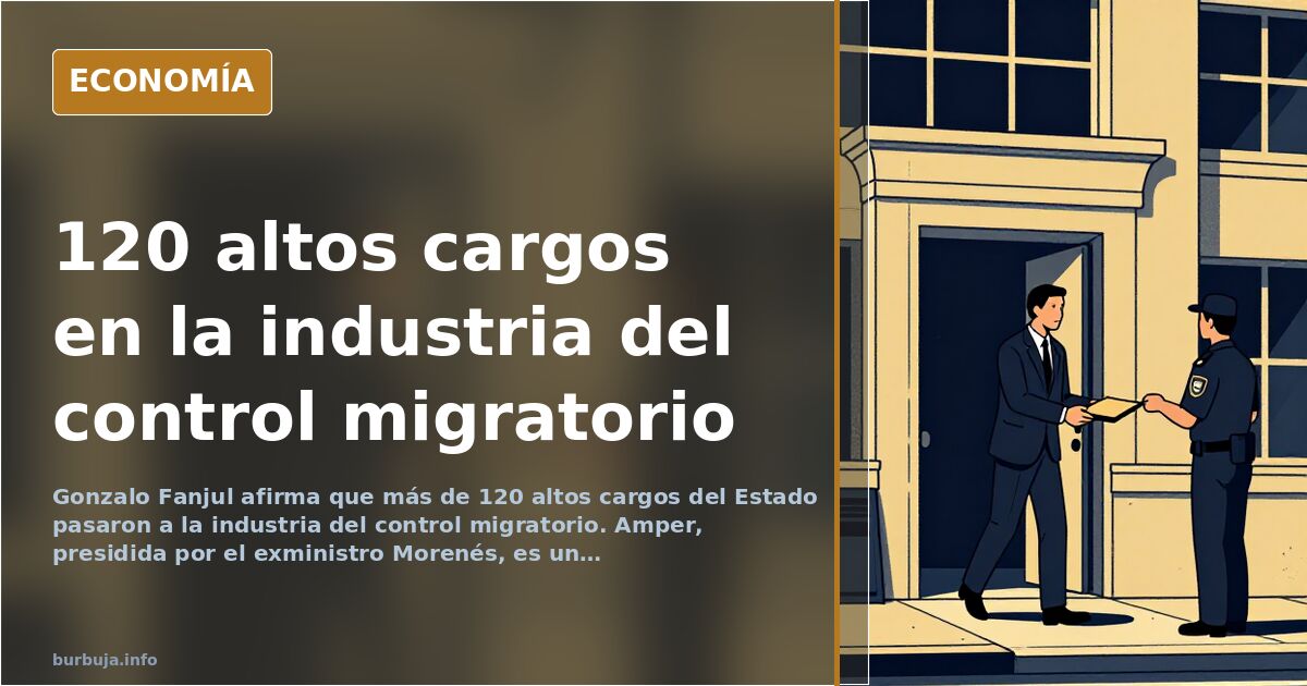 Ilustración editorial de puertas giratorias entre edificios gubernamentales y empresas de control migratorio