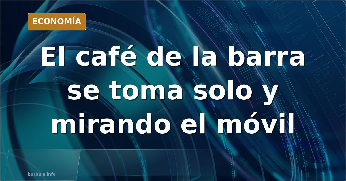 Hombre solo en la barra de un bar tomando café con el móvil mientras un periódico doblado espera sin abrirse sobre el mostrad