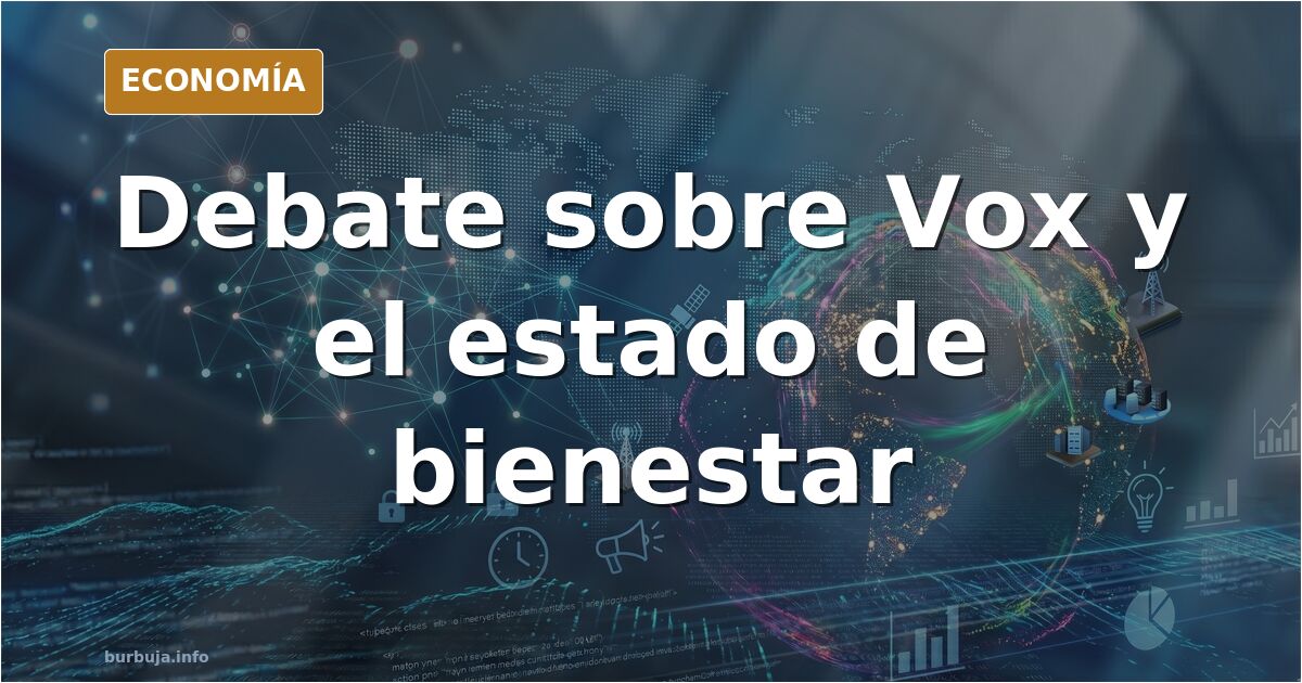 Ilustración editorial en azul marino y dorado con una urna y una balanza que sostiene el estado de bienestar frente a un part