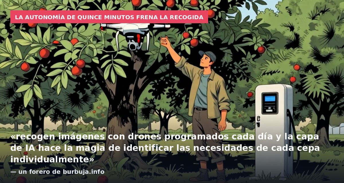 La autonomía de quince minutos frena la recogida: «recogen imágenes con drones programados cada día y la capa de IA hace la magia de identificar las necesidades de cada cepa individualmente» — un forero de burbuja.info