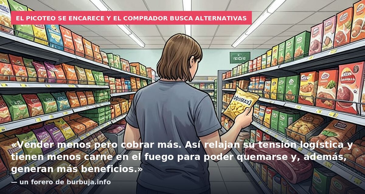 El picoteo se encarece y el comprador busca alternativas: «Vender menos pero cobrar más. Así relajan su tensión logística y tienen menos carne en el fuego para poder quemarse y, además, generan más beneficios.» — un forero de burbuja.info
