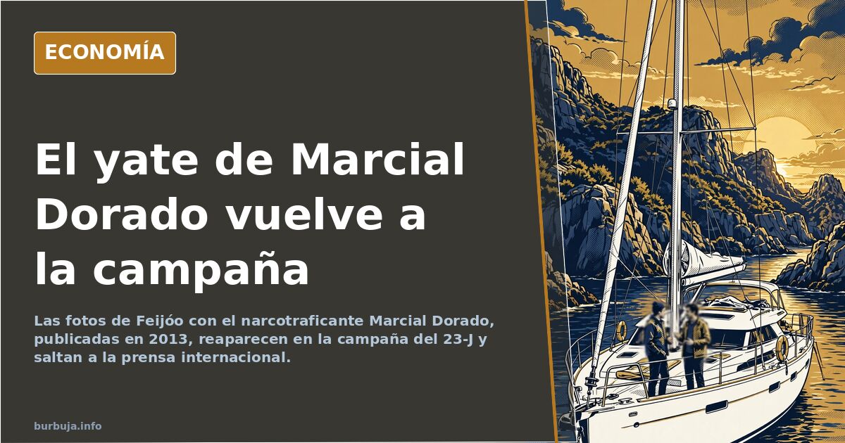 Ilustración editorial de un yate en aguas gallegas con dos siluetas masculinas, símbolo del caso Feijóo y Marcial Dorado