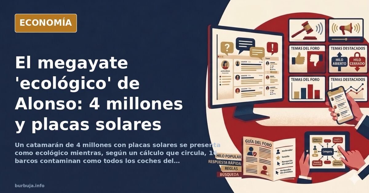 Ilustración editorial de un catamarán de lujo con placas solares navegando, en tonos azul marino y dorado