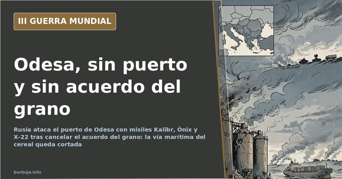Imagen del puerto de Odesa con grúas y silos dañados y columnas de humo sobre los muelles tras el bombardeo