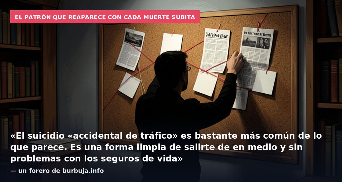 El patrón que reaparece con cada muerte súbita: «El suicidio «accidental de tráfico» es bastante más común de lo que parece. Es una forma limpia de salirte de en medio y sin problemas con los seguros de vida» — un forero de burbuja.info