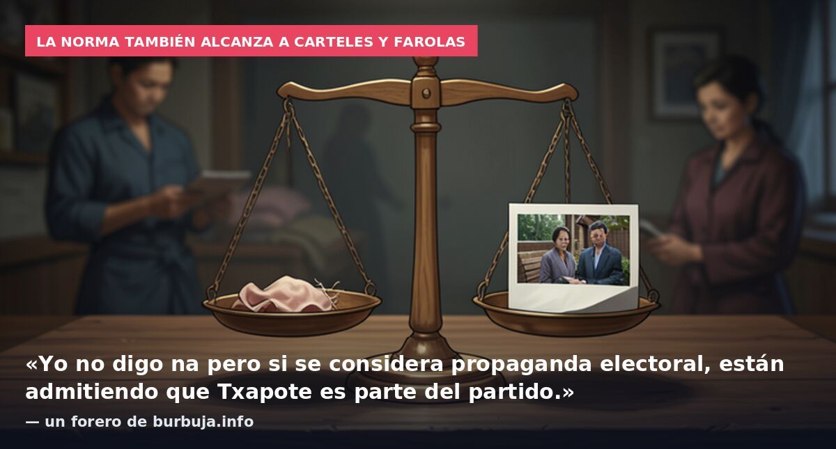 La norma también alcanza a carteles y farolas: «Yo no digo na pero si se considera propaganda electoral, están admitiendo que Txapote es parte del partido.» — un forero de burbuja.info