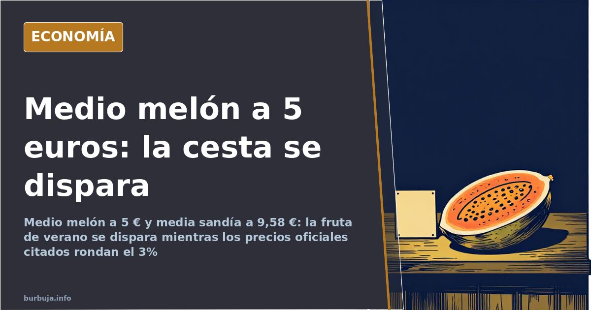 Melón partido y sandía en un puesto de frutería de barrio con carteles de precio, imagen del encarecimiento de la fruta