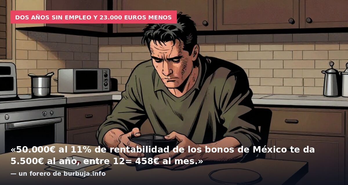 Dos años sin empleo y 23.000 euros menos: «50.000€ al 11% de rentabilidad de los bonos de México te da 5.500€ al año, entre 12= 458€ al mes.» — un forero de burbuja.info