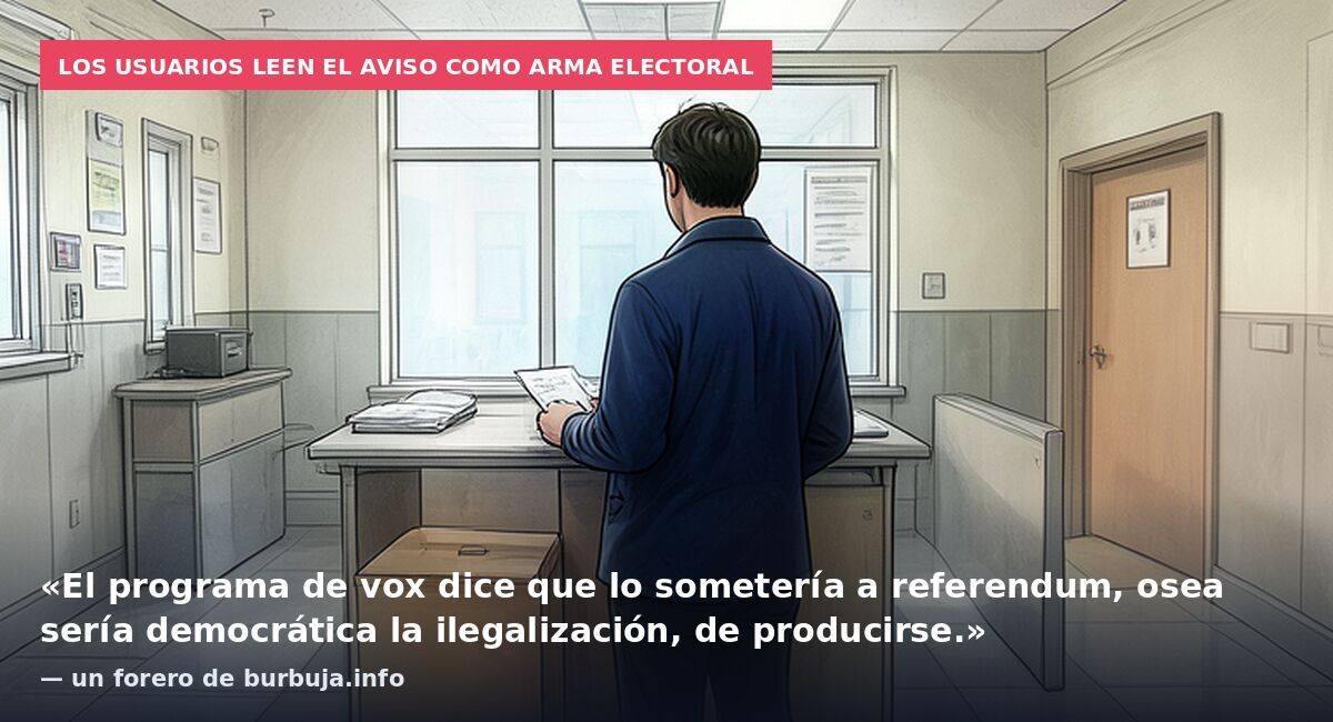 Los usuarios leen el aviso como arma electoral: «El programa de vox dice que lo sometería a referendum, osea sería democrática la ilegalización, de producirse.» — un forero de burbuja.info