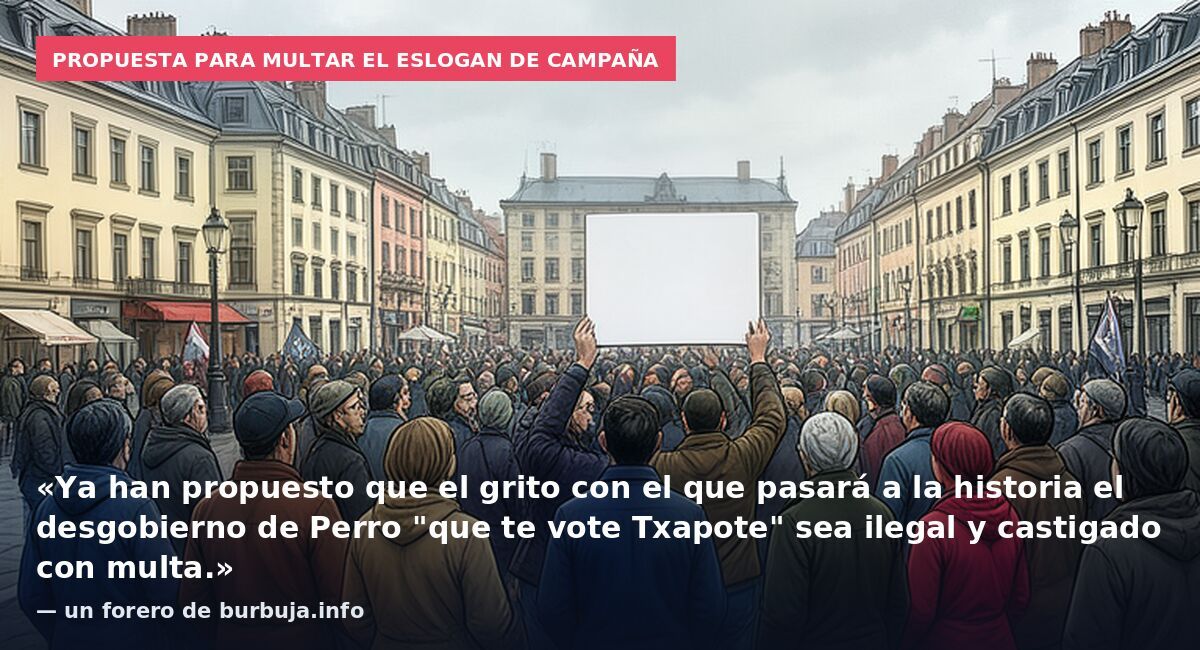 Propuesta para multar el eslogan de campaña: «Ya han propuesto que el grito con el que pasará a la historia el desgobierno de Perro "que te vote Txapote" sea ilegal y castigado con multa.» — un forero de burbuja.info