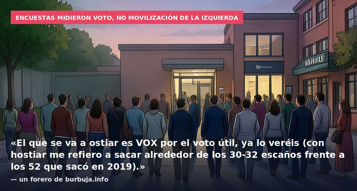 Encuestas midieron voto, no movilización de la izquierda: «El que se va a ostiar es VOX por el voto útil, ya lo veréis (con hostiar me refiero a sacar alrededor de los 30-32 escaños frente a los 52 que sacó en 2019).» — un forero de burbuja.info
