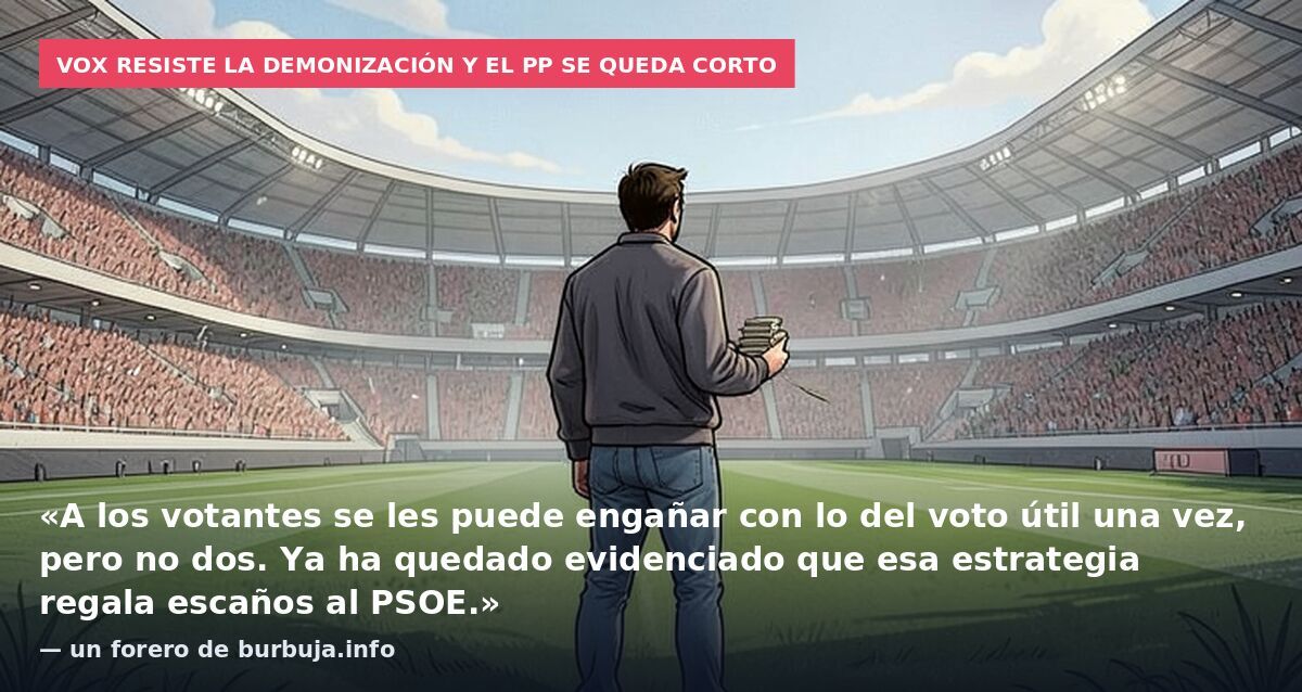 VOX resiste la demonización y el PP se queda corto: «A los votantes se les puede engañar con lo del voto útil una vez, pero no dos. Ya ha quedado evidenciado que esa estrategia regala escaños al PSOE.» — un forero de burbuja.info