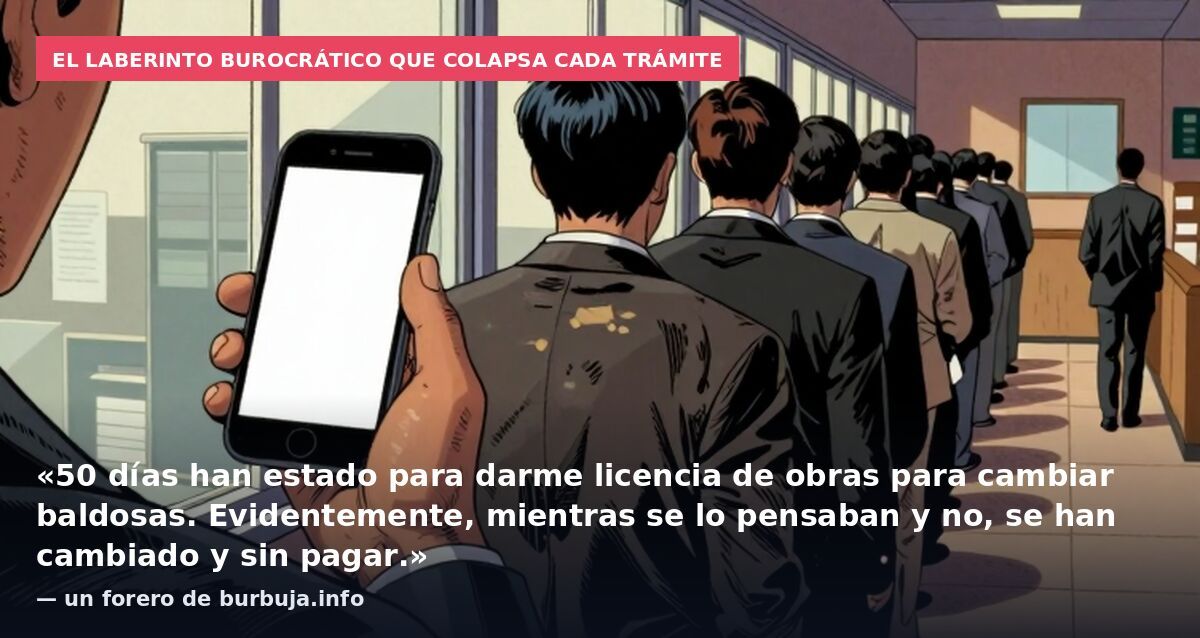 El laberinto burocrático que colapsa cada trámite: «50 días han estado para darme licencia de obras para cambiar baldosas. Evidentemente, mientras se lo pensaban y no, se han cambiado y sin pagar.» — un forero de burbuja.info