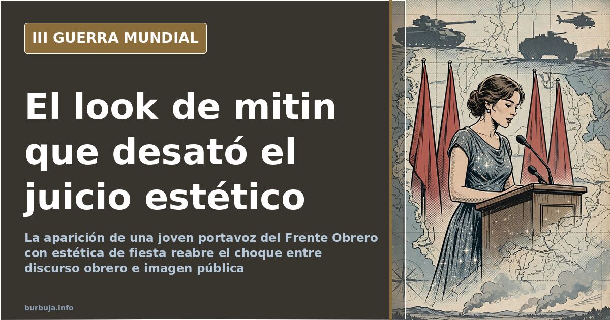 Escenario de mitin con pancartas del Frente Obrero y siluetas de asistentes de espaldas