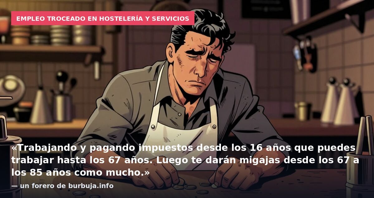 Empleo troceado en hostelería y servicios: «Trabajando y pagando impuestos desde los 16 años que puedes trabajar hasta los 67 años. Luego te darán migajas desde los 67 a los 85 años como mucho.» — un forero de burbuja.info