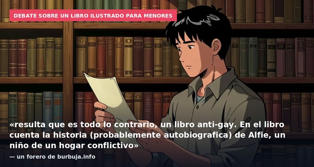 Debate sobre un libro ilustrado para menores: «resulta que es todo lo contrario, un libro anti-gay. En el libro cuenta la historia (probablemente autobiografica) de Alfie, un niño de un hogar conflictivo» — un forero de burbuja.info