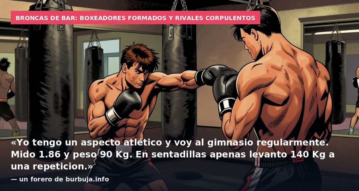 Broncas de bar: boxeadores formados y rivales corpulentos: «Yo tengo un aspecto atlético y voy al gimnasio regularmente. Mido 1.86 y peso 90 Kg. En sentadillas apenas levanto 140 Kg a una repeticion.» — un forero de burbuja.info