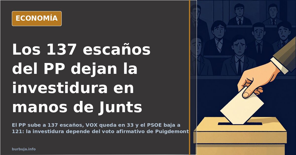 PP llega a 137 escaños y la investidura depende de Puigdemont
