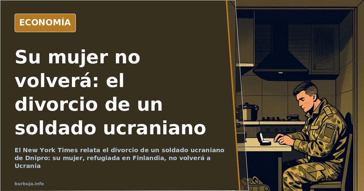 Soldado ucraniano de espaldas ante una trinchera nevada y una carta de divorcio sobre la mesa, ilustración editorial en azul 
