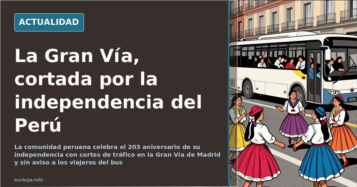 Autobuses y viandantes junto a vallas amarillas durante el corte de tráfico en la Gran Vía de Madrid por la independencia del