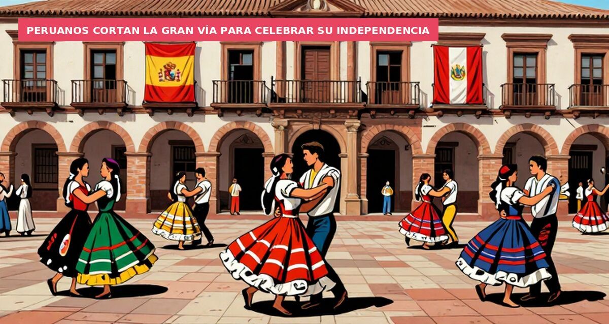 Peruanos cortan la Gran Vía para celebrar su independencia