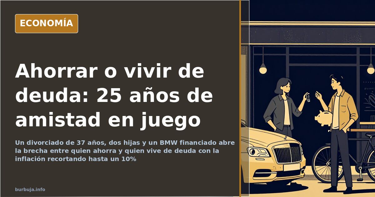 Ilustración editorial con dos hombres separados por una grieta: junto a uno un coche financiado y junto al otro una libreta d