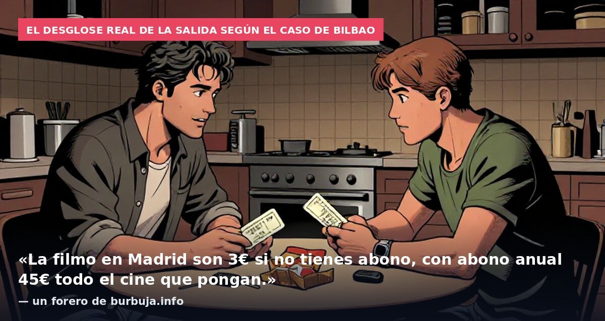 El desglose real de la salida según el caso de Bilbao: «La filmo en Madrid son 3€ si no tienes abono, con abono anual 45€ todo el cine que pongan.» — un forero de burbuja.info