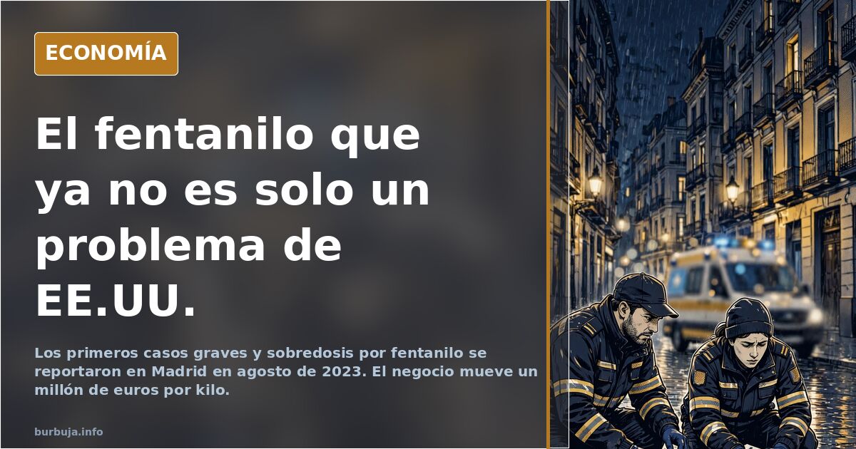 Ilustración editorial con un mapa de España en azul marino y dorado y frascos de opioides, símbolo del avance del fentanilo