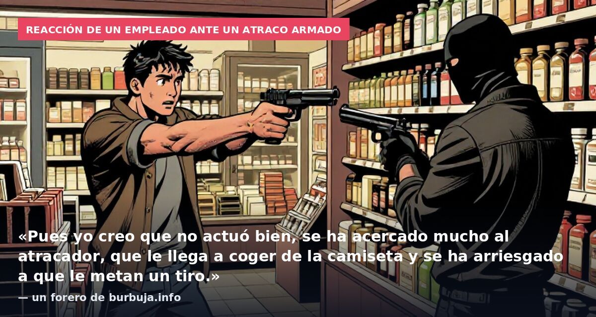 Reacción de un empleado ante un atraco armado: «Pues yo creo que no actuó bien, se ha acercado mucho al atracador, que le llega a coger de la camiseta y se ha arriesgado a que le metan un tiro.» — un forero de burbuja.info