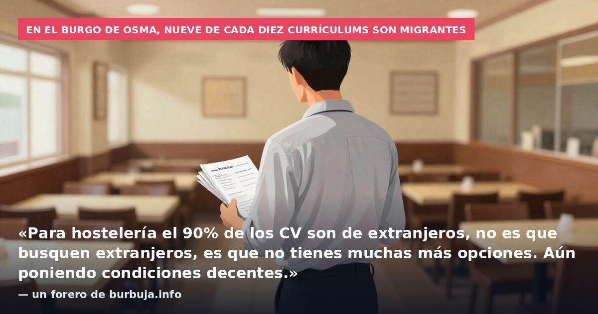 En El Burgo de Osma, nueve de cada diez currículums son migrantes: «Para hostelería el 90% de los CV son de extranjeros, no es que busquen extranjeros, es que no tienes muchas más opciones. Aún poniendo condiciones decentes.» — un forero de burbuja.i