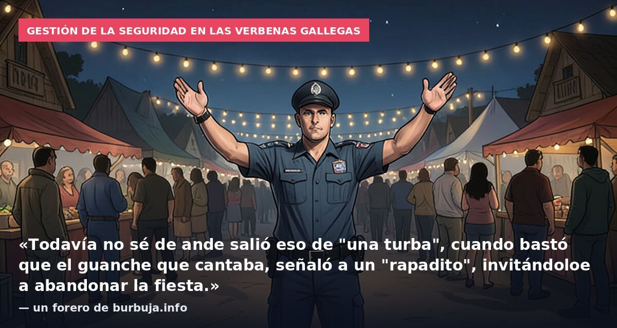 Gestión de la seguridad en las verbenas gallegas: «Todavía no sé de ande salió eso de "una turba", cuando bastó que el guanche que cantaba, señaló a un "rapadito", invitándoloe a abandonar la fiesta.» — un forero de burbuja.info