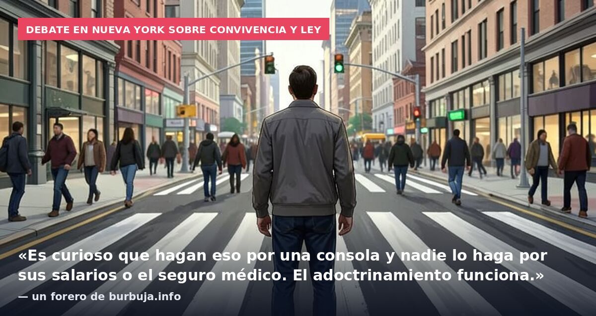 Debate en Nueva York sobre convivencia y ley: «Es curioso que hagan eso por una consola y nadie lo haga por sus salarios o el seguro médico. El adoctrinamiento funciona.» — un forero de burbuja.info
