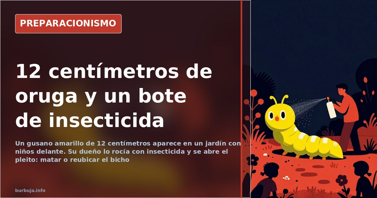 Oruga de gran tamaño de color verde con puntos azules sobre una hoja de jardín, junto a un bote de insecticida doméstico