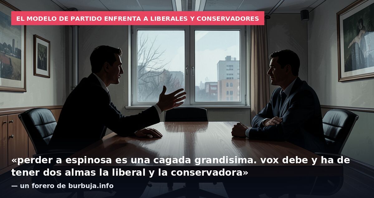 El modelo de partido enfrenta a liberales y conservadores: «perder a espinosa es una cagada grandisima. vox debe y ha de tener dos almas la liberal y la conservadora» — un forero de burbuja.info