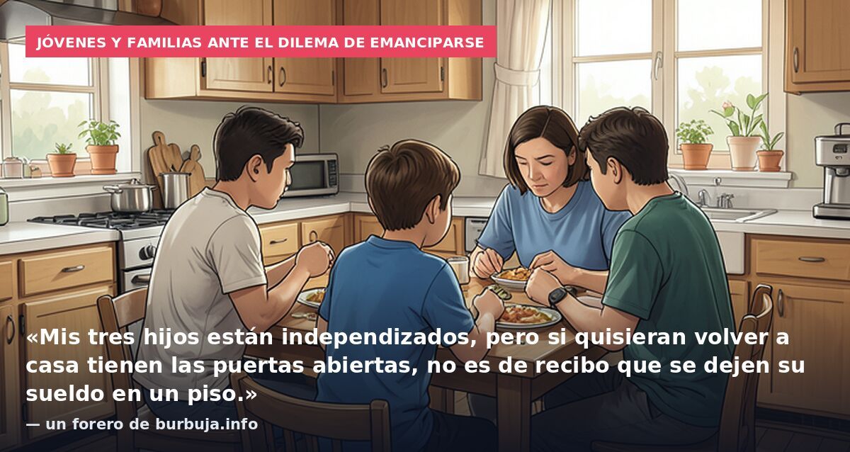 Jóvenes y familias ante el dilema de emanciparse: «Mis tres hijos están independizados, pero si quisieran volver a casa tienen las puertas abiertas, no es de recibo que se dejen su sueldo en un piso.» — un forero de burbuja.info