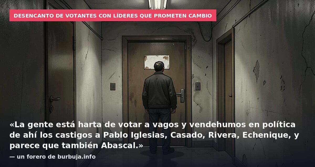 Desencanto de votantes con líderes que prometen cambio: «La gente está harta de votar a vagos y vendehumos en política de ahí los castigos a Pablo Iglesias, Casado, Rivera, Echenique, y parece que también Abascal.» — un forero de burbuja.info