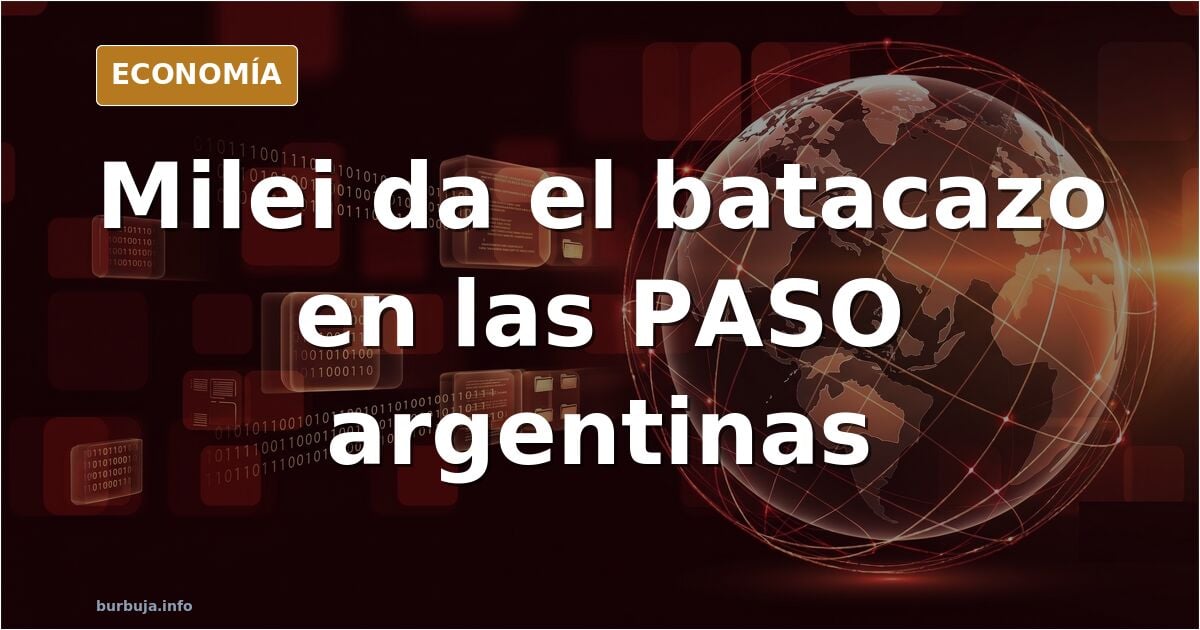 Boletas de las PASO argentinas apiladas sobre una mesa de votación junto a una urna y un sobre