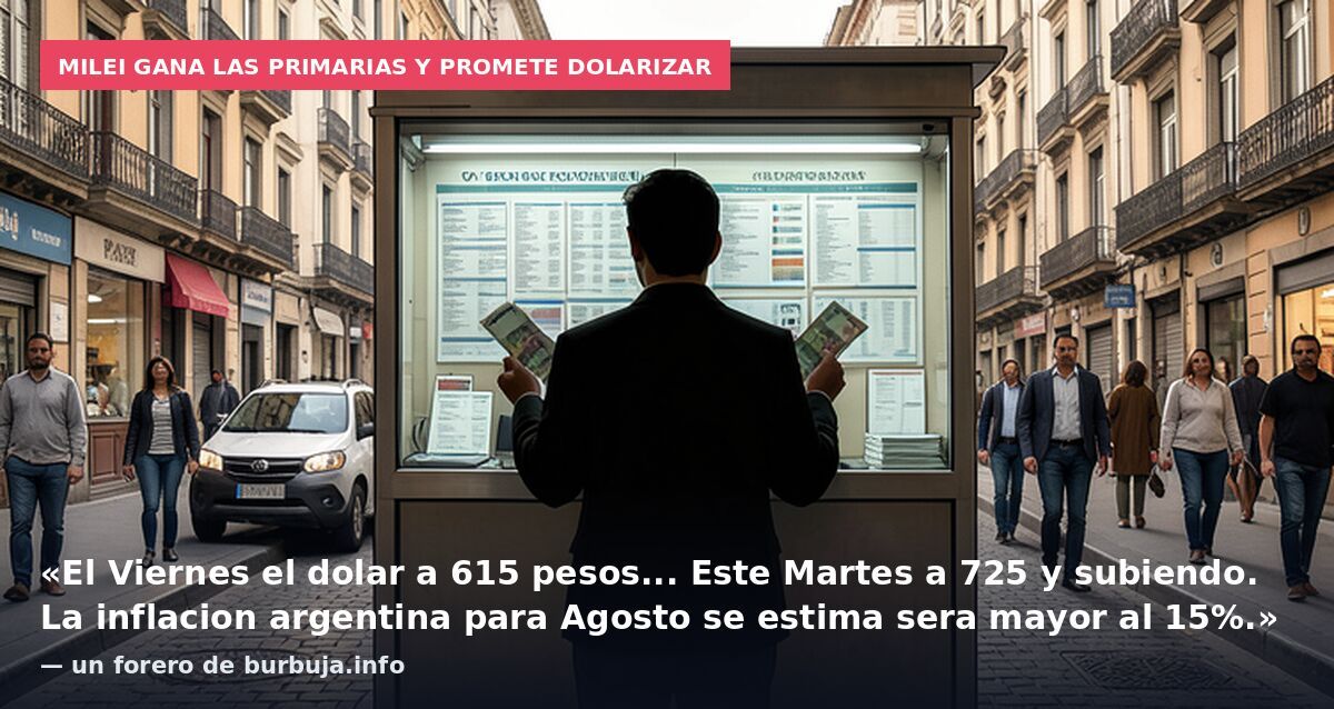 Milei gana las primarias y promete dolarizar: «El Viernes el dolar a 615 pesos... Este Martes a 725 y subiendo. La inflacion argentina para Agosto se estima sera mayor al 15%.» — un forero de burbuja.info