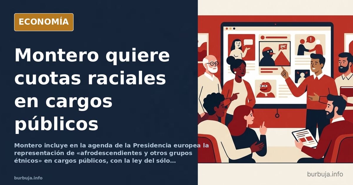 Ilustración editorial de una sala de reuniones europea con sillas vacías y banderas, símbolo del debate sobre cuotas étnicas 