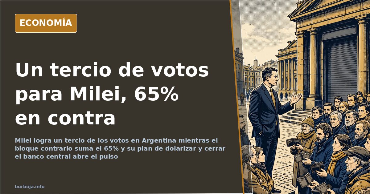 Ilustración editorial de un atril vacío ante una balanza desigual que simboliza el tercio de votos de Milei y el 65 por cient