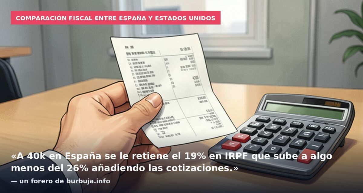 Comparación fiscal entre España y Estados Unidos: «A 40k en España se le retiene el 19% en IRPF que sube a algo menos del 26% añadiendo las cotizaciones.» — un forero de burbuja.info