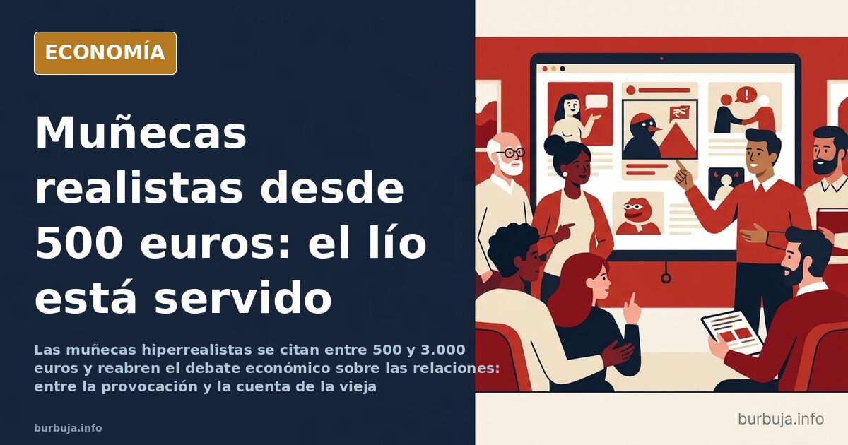 Muñeca hiperrealista de tamaño humano sentada en una habitación minimalista, ilustración editorial en azul marino y dorado