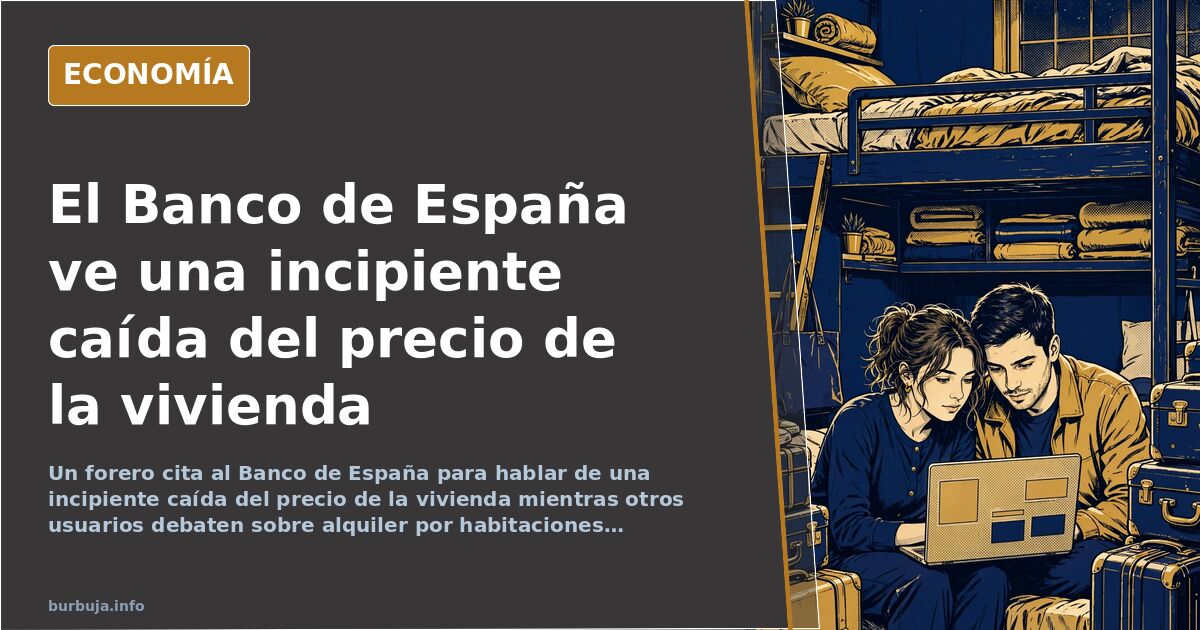 Ilustración editorial de un edificio de viviendas con carteles de se vende y una flecha descendente sobre el precio de la viv